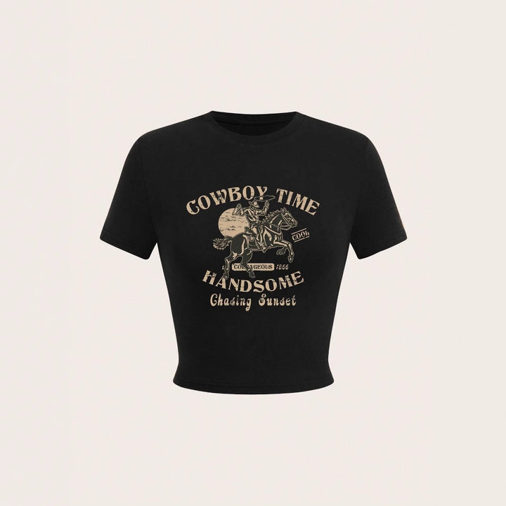 Dame Crop-Shirt med iøjnefaldende cowboy-motiv og stilfuld snit Skovae
