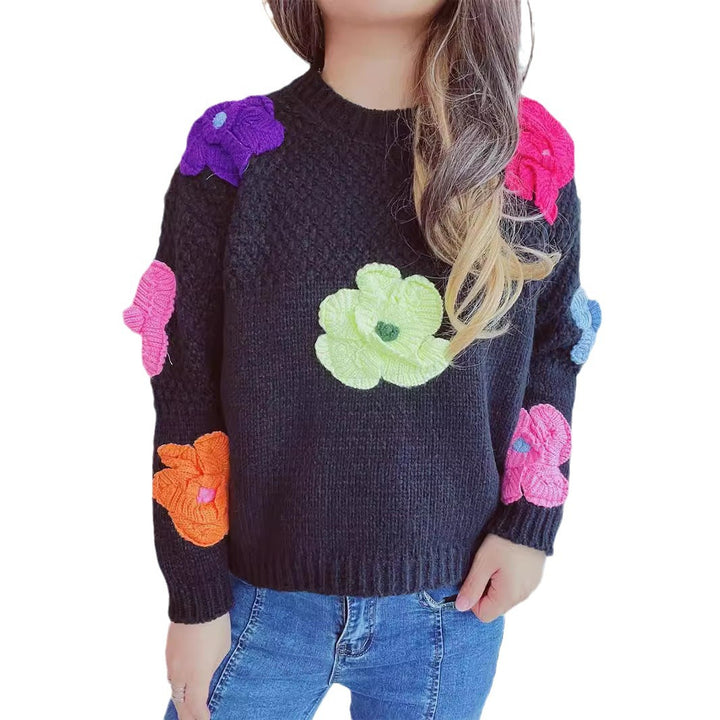 Kvinder afslappet sweater med farverige blomsterapplikationer Stilla