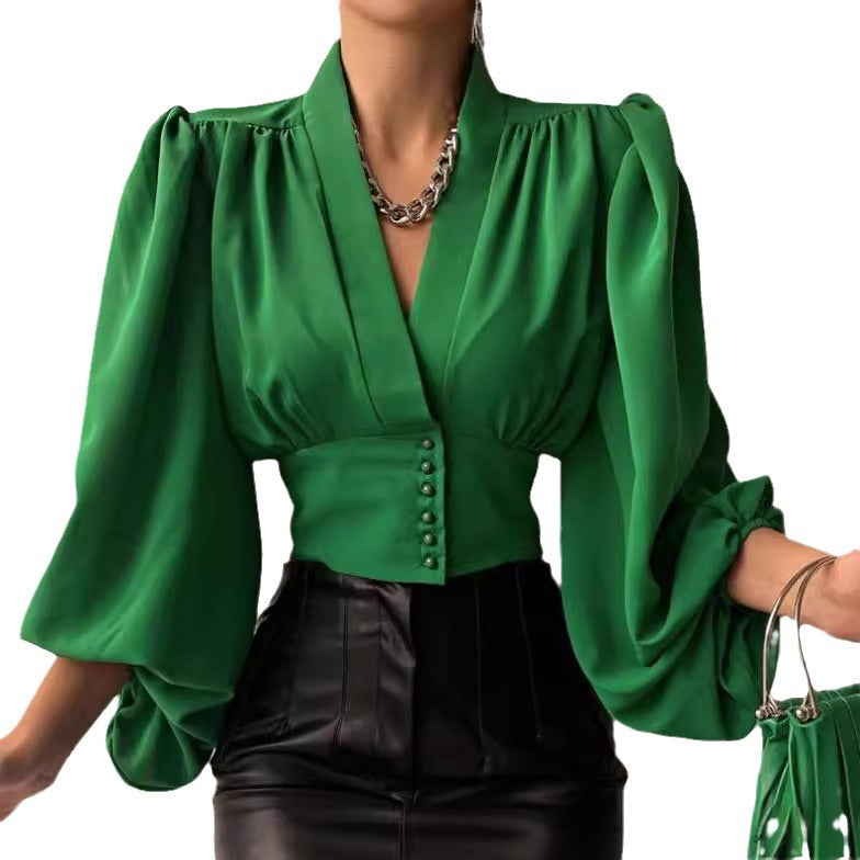 Stilla | Romantisk V-hals lanternemansjett bluse top