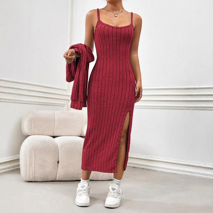 Dame Ribbstrik Bodycon Maxikjole med side split Stilla