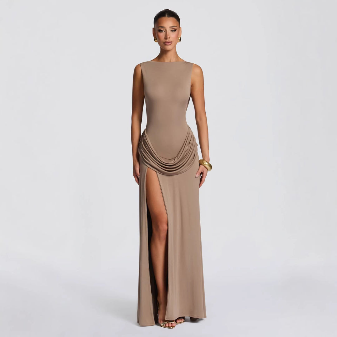 Dame elegant wrap maxikjole med asymmetrisk flæsedesign og sexy slids Skovae