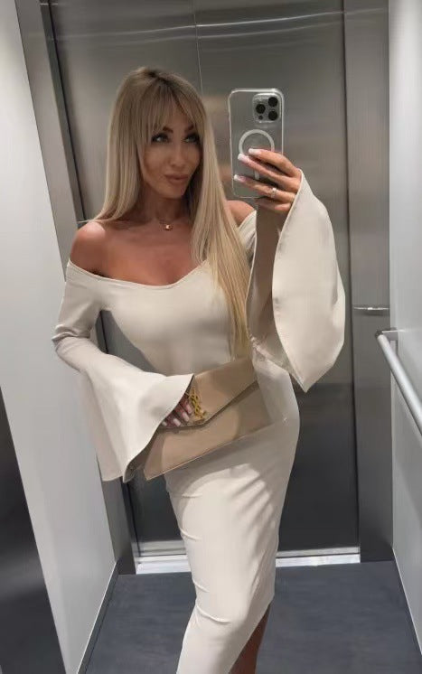 Dame Off-Shoulder Bodycon Midi Kjole med udvidede ærmer Stilla