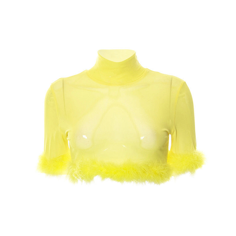 Dame trendy cropped top med glamorøs fjerbesætning Skovae