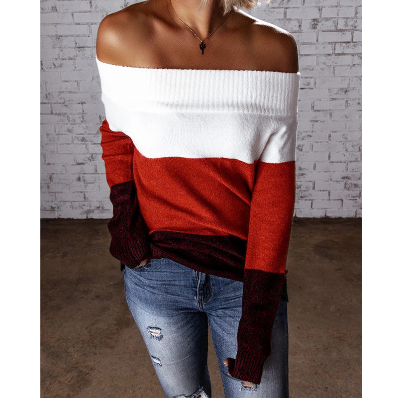 Dame skulderfri strikpullover med moderne farveblokdesign Stilla