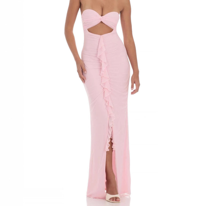 Dame maxikjole i raffineret drapering-stil med cut-out og flæser Stilla