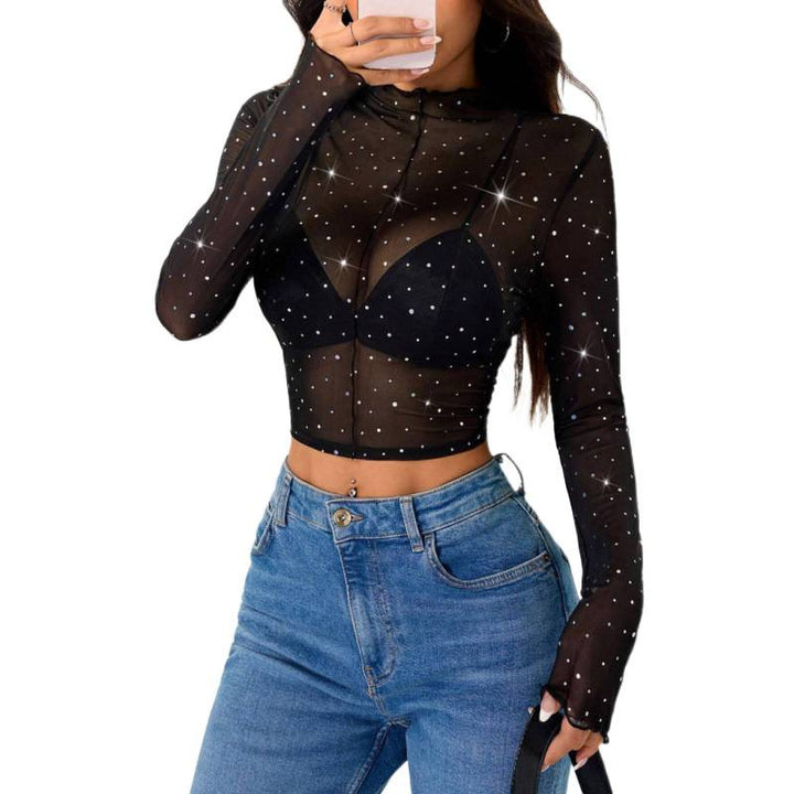 Damer Sexy Crop-Top i gennemsigtigt net med glitrende accenter Skovae