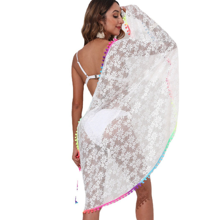 Dame transparent hæklet strand sarong med farverige pomponer Stilla