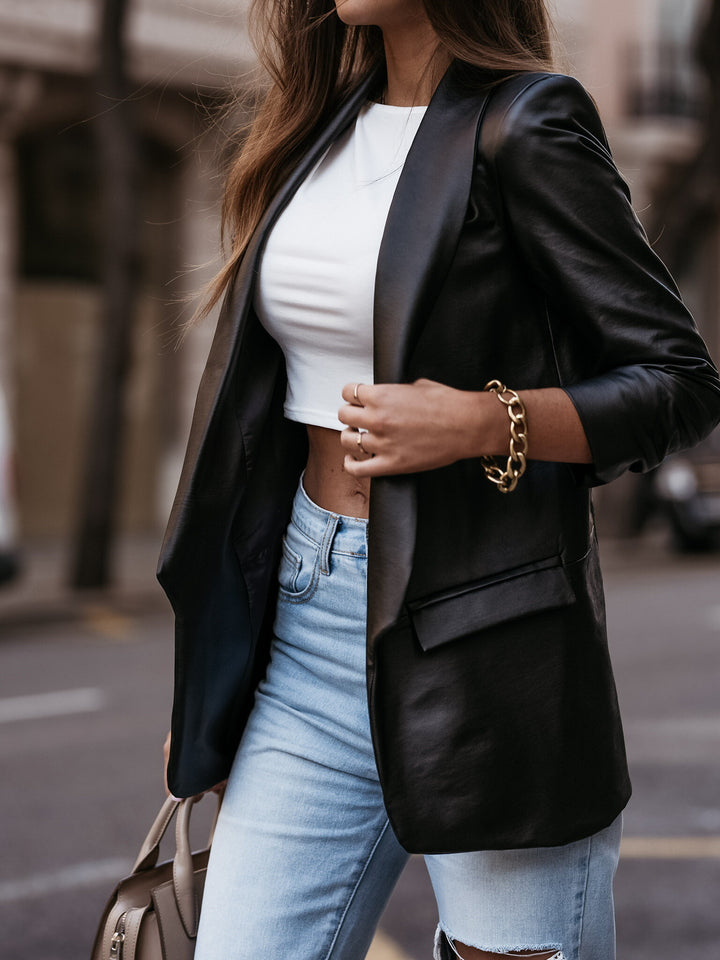 Damer Elegant Læder Blazer med Moderne Skæring og Funktionelt Design Skovae