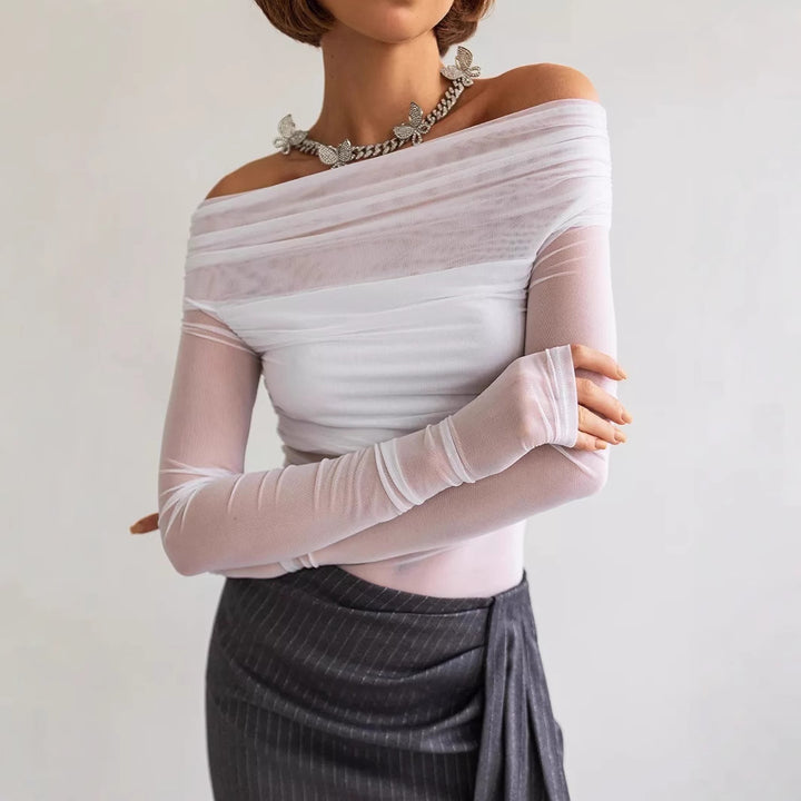 Dame Off-Shoulder Langærmet T-shirt i let gennemsigtigt stof med raffineret draperingseffekt Skovae