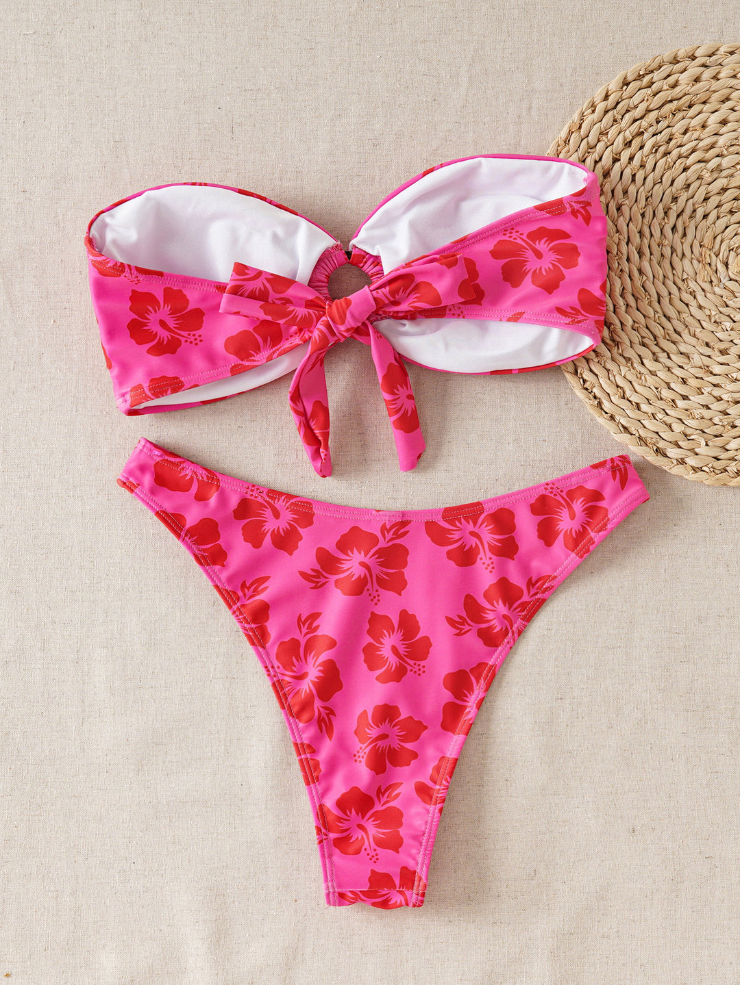 Dame bandeau bikini sæt med dekoreret knude og blomster mønster Skovae