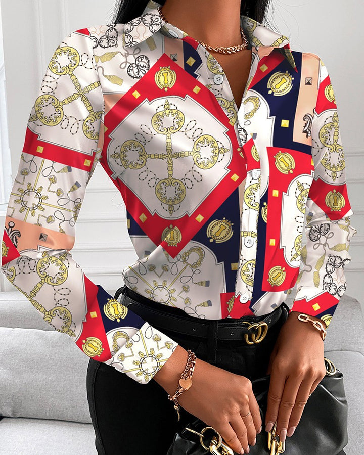 Dame Elegant Bluse med kunstnerisk tryk og fine detaljer Stilla
