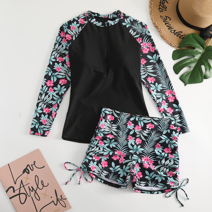 Dame Langærmet Svømmetop med blomstermotiv og Shorts Stilla