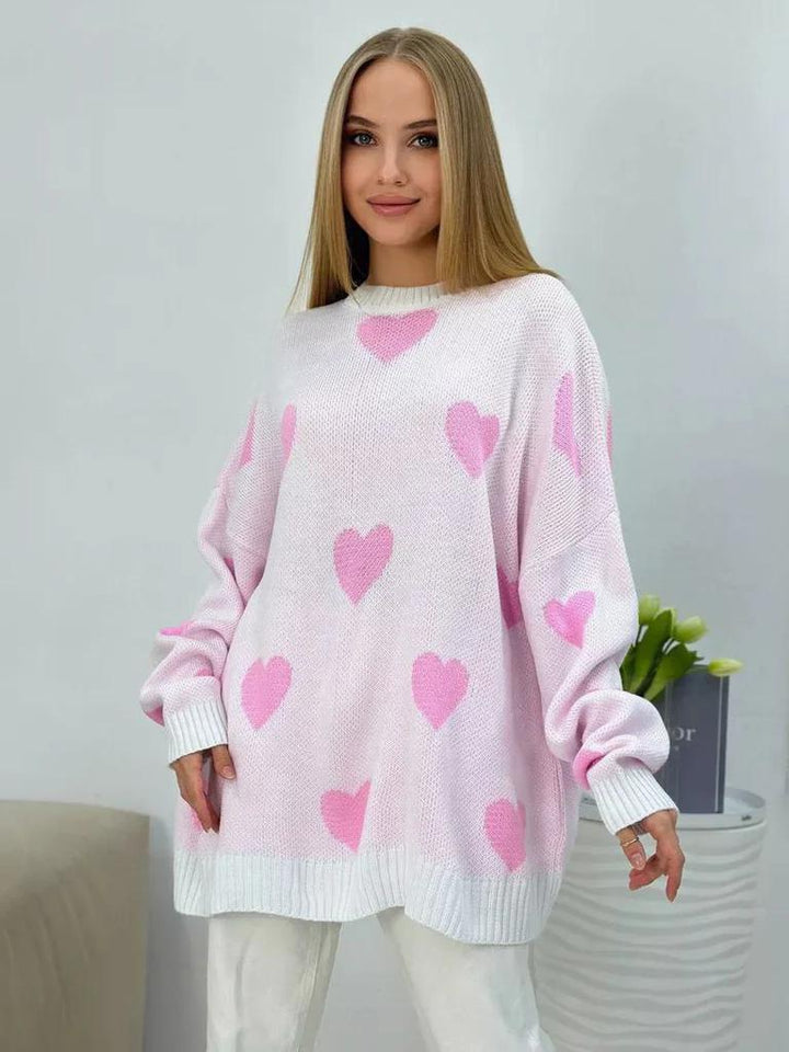 Dame grovstrik pullover med hjerte motiv og dropped shoulders Stilla