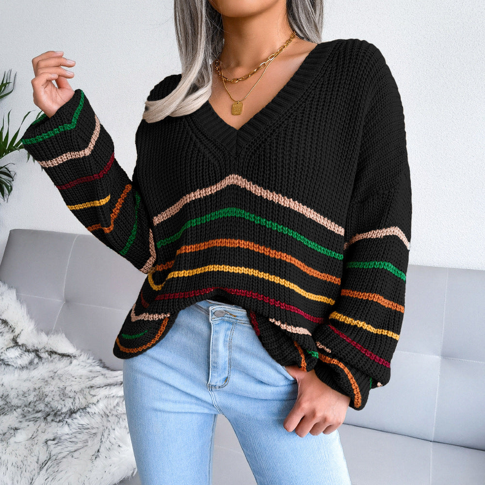 Stilla | Pullover i Komfortabel Strik Med Farverige Striber og V-hals
