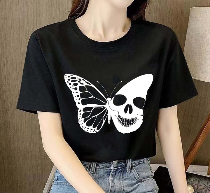 Dame T-Shirt med kreativ sommerfuglskelet-design Stilla