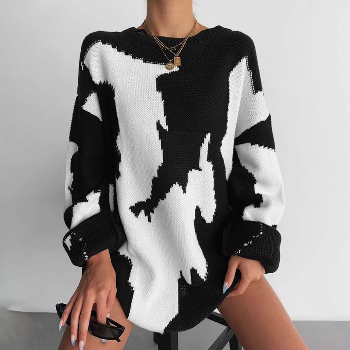 Kvindernes chunky strikkede oversized sweater med spændende grafisk design Stilla