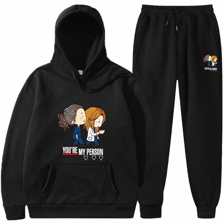 Dame Hoodie og Joggingbukser Sæt med Originalt Tegneserie Design Skovae