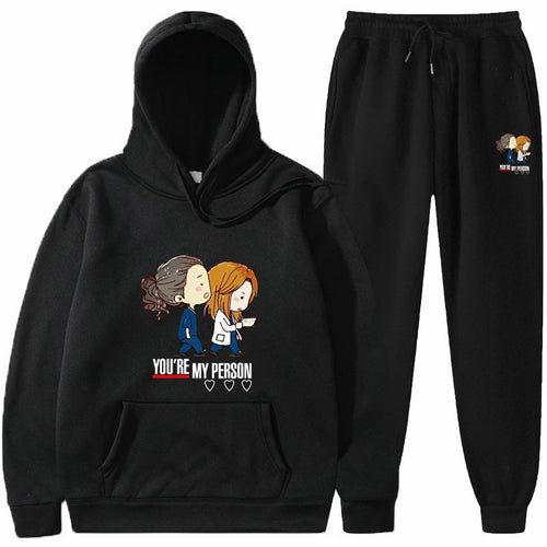 Dame Hoodie og Joggingbukser Sæt med Originalt Tegneserie Design Skovae