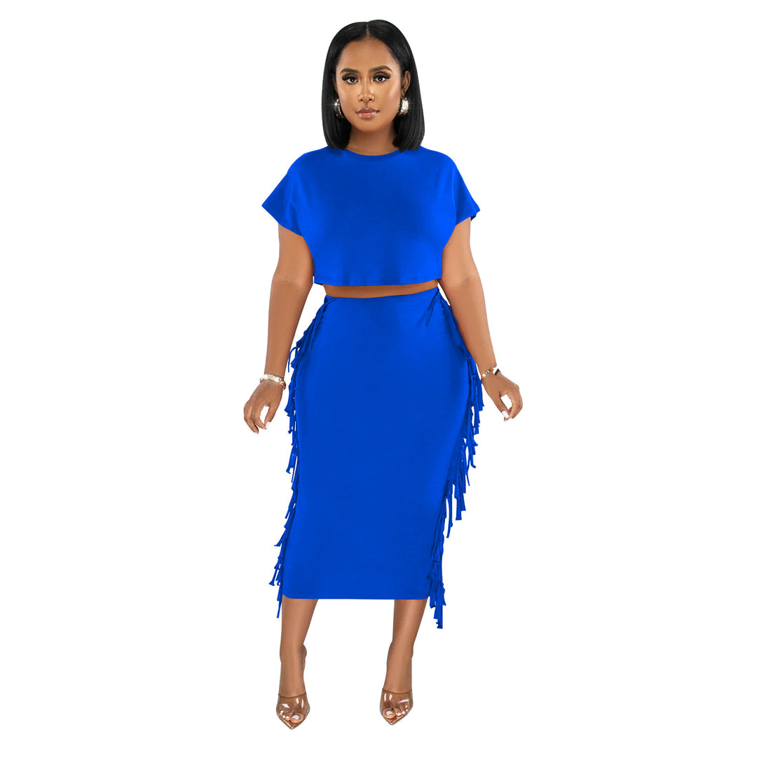 Dame elegant kombination af cropped top og tætsiddende nederdel med frynser Stilla