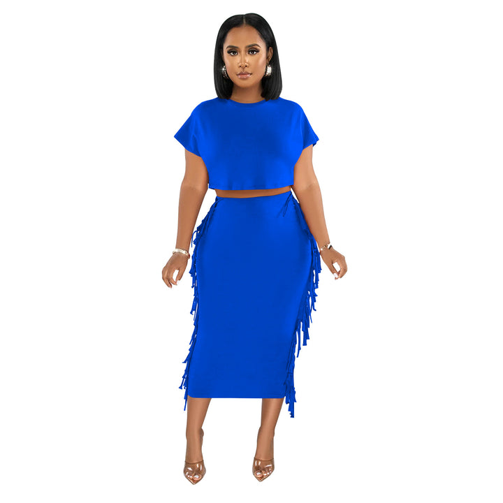 Dame elegant kombination af cropped top og tætsiddende nederdel med frynser Stilla