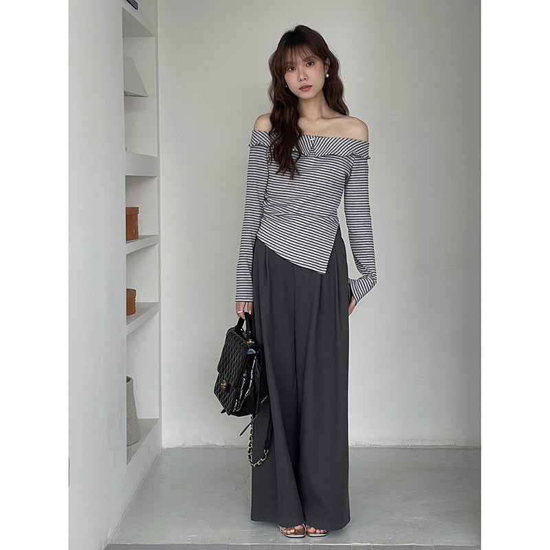 Damer Off-Shoulder Strikketop med asymmetrisk kant og stribemønster Stilla