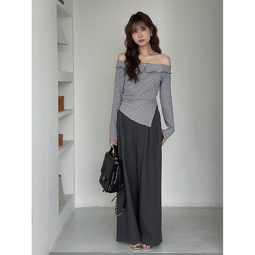 Damer Off-Shoulder Strikketop med asymmetrisk kant og stribemønster Stilla
