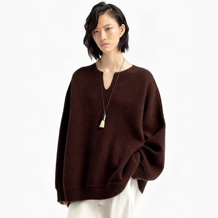 Kvinders oversized strikket sweater med V-hals drue