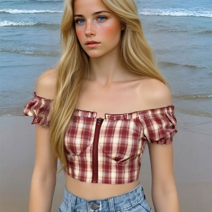 Dame Cropped Bluse med Puffærmer og lynlås Skovae