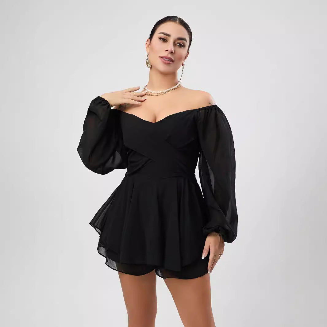 Dame moderigtig Playsuit med rynker og voluminøse ærmer Stilla