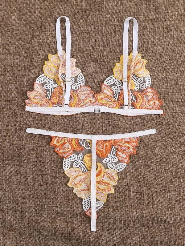 Dame Floral Broderet Bralette og String Sæt Stilla