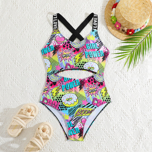 Dame High-Waist bikinisæt med farverigt comic motiv og justerbare straps Stilla