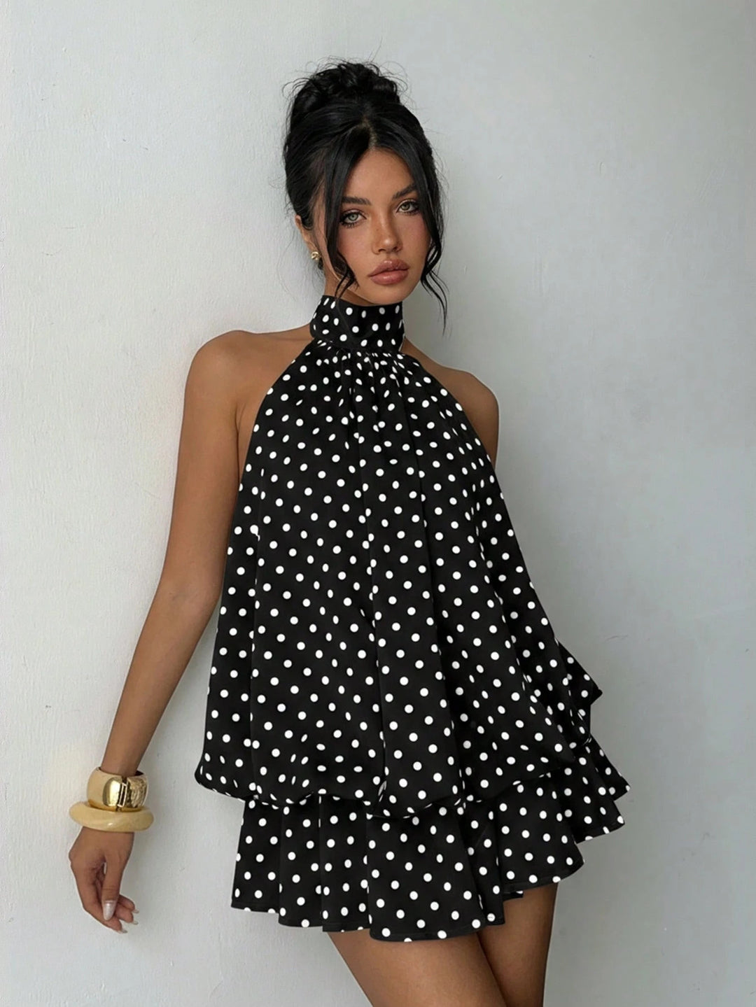 Dame moderne Polka-Dots sæt med høj krave og voluminøse ærmer Skovae