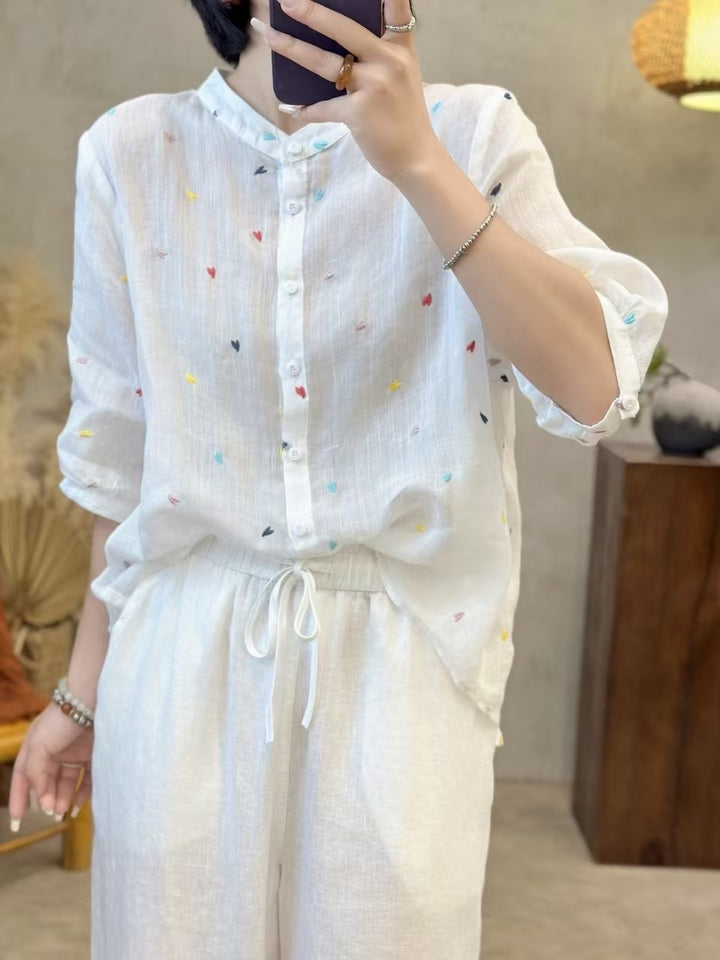Dame Fritid Let Broderet Button-Up Skjorte Stilla
