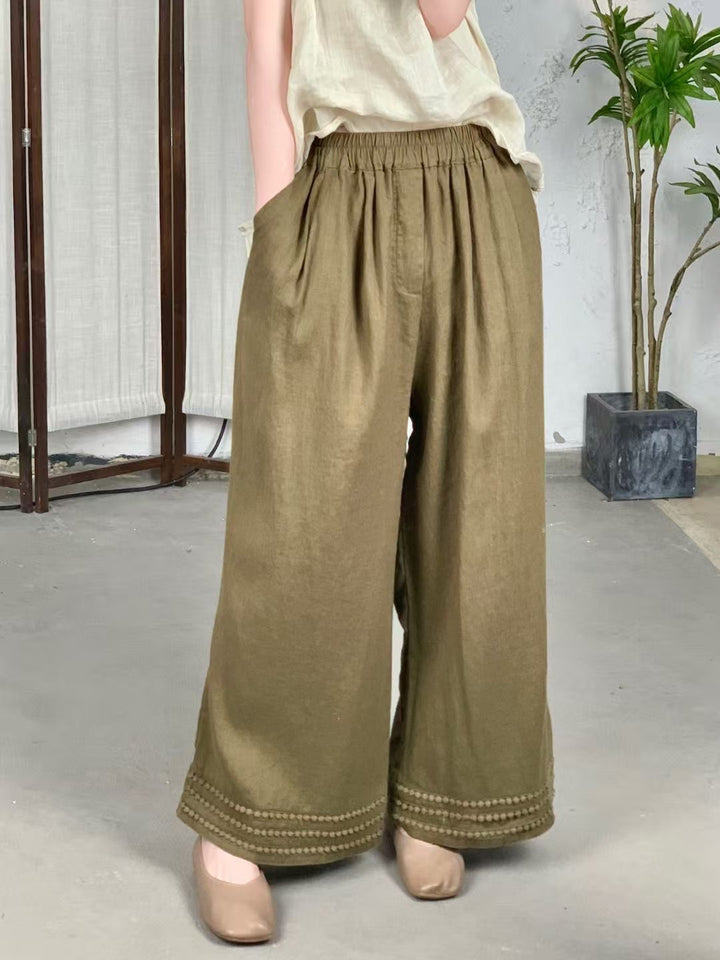 Femme Højskåret Løs Linned Culottes med Dekorativt Bånd Stilla