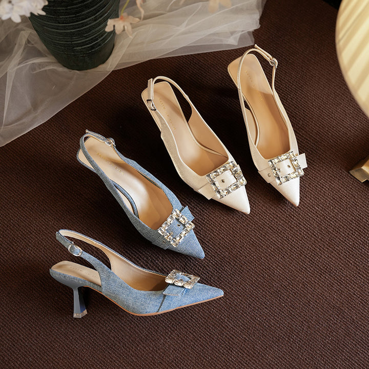 Dame Chic Spids Tå Slingback Hæle med Krystal Spænde Accent Stilla