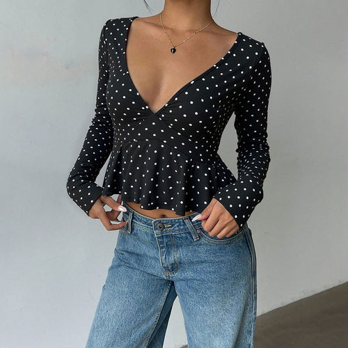 Kvinders bluse skjorte med peplum-snit og prikket mønster Stilla