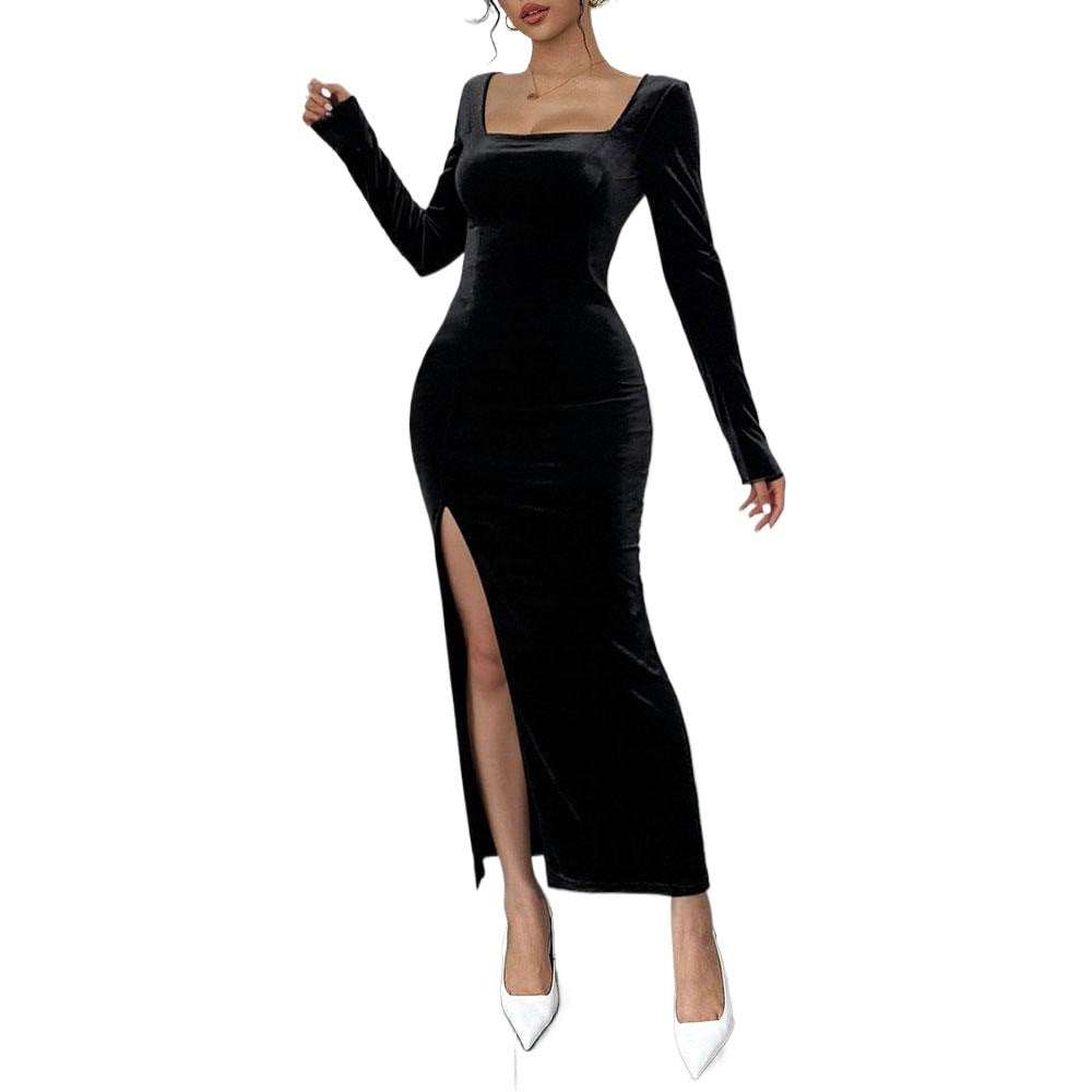 Kvinders Velvet Maxi Kjole med Dybe V-Hals og Elegant Slids Stilla