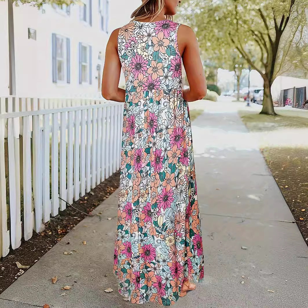Dame maxikjole med blomsterprint og praktiske lommer Stilla