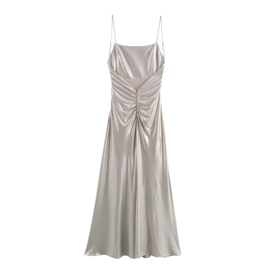 Stilla | Radiant Metallic Foil Plisseret Spaghetti Strop Maxi Kjole