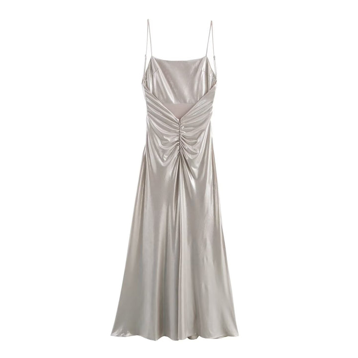 Stilla | Radiant Metallic Foil Plisseret Spaghetti Strop Maxi Kjole