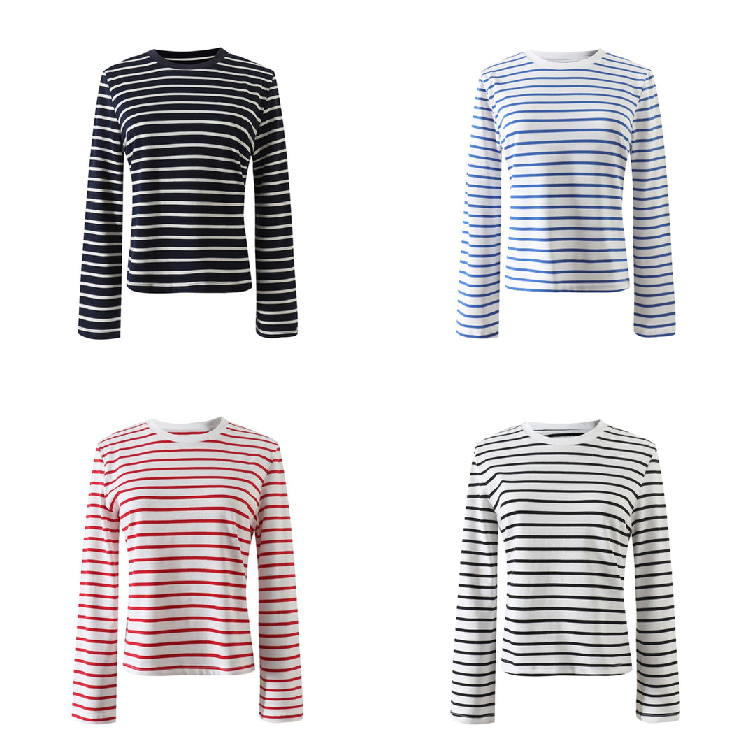 Damer Stribet Langærmet T-shirt med Rund halsudskæring og blødt stof Stilla