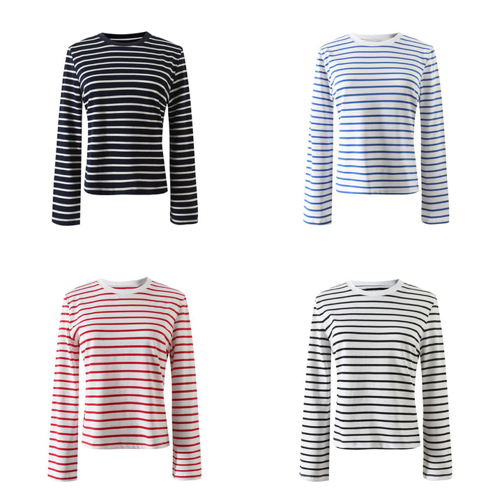 Damer Stribet Langærmet T-shirt med Rund halsudskæring og blødt stof Stilla