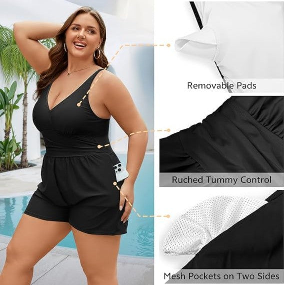 Dame Playsuit med dyb V-udskæring og sidelommer Skovae