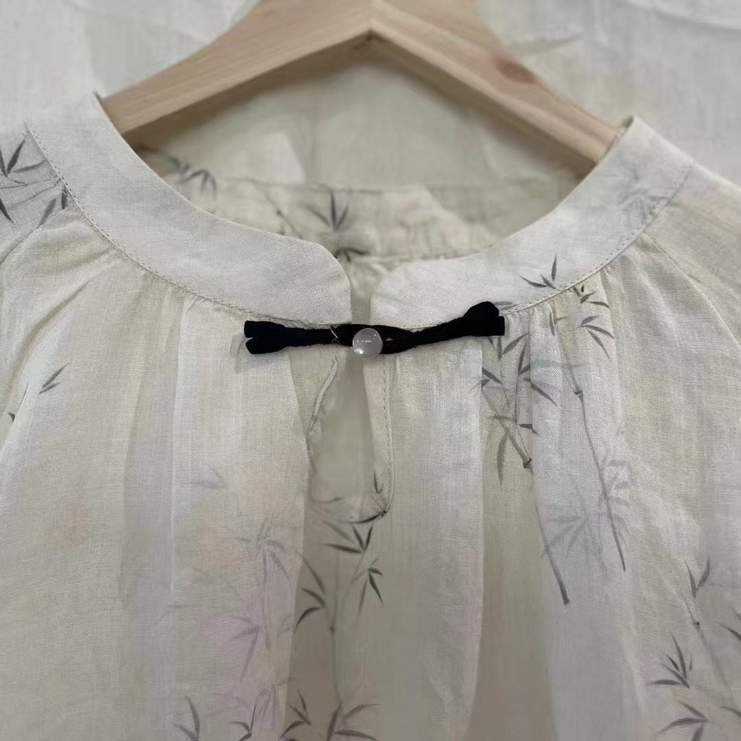 Dame Floral Print Kortærmet Bluse med Sløjfedetalje Stilla