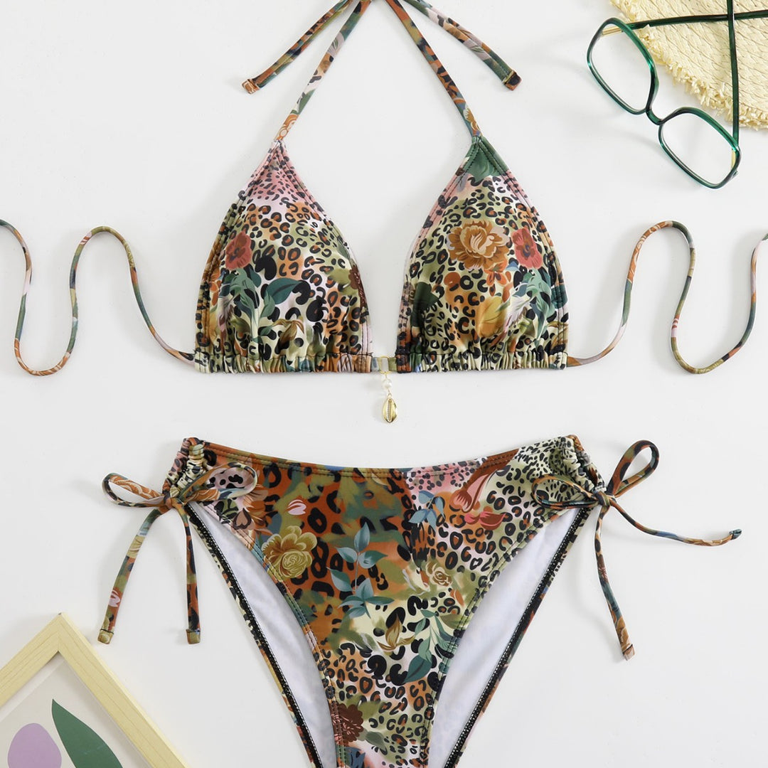 Dame triangel-bikini-sæt med blomsterligt leopardmønster Skovae