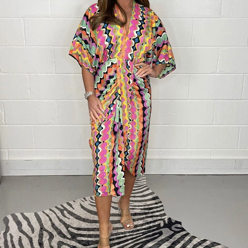 Dame Kaftan-kjole med moderne grafikdesign og elastisk taljebånd Stilla