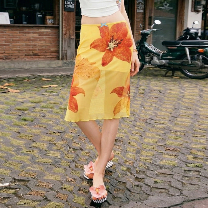 Damer midi-nederdel med blomster chiffon og elastisk linning Skovae
