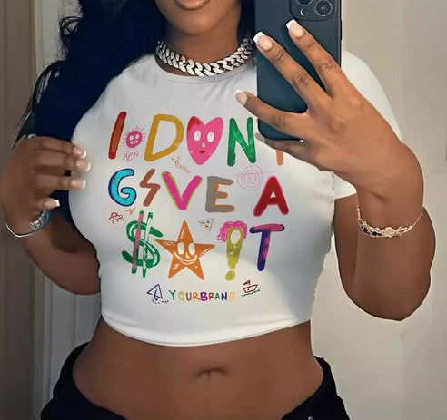 Dame Crop-T-Shirt med kreativt udtryksdesign Skovae