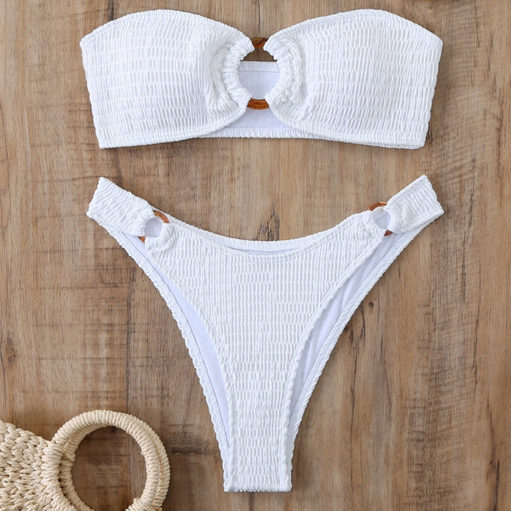 Dame Smocked Bandeau-Bikini-Sæt med dekorativt Ringdetalje Stilla