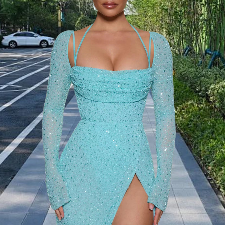 Damer Glamour maxi kjole med glansfulde detaljer og side split Skovae